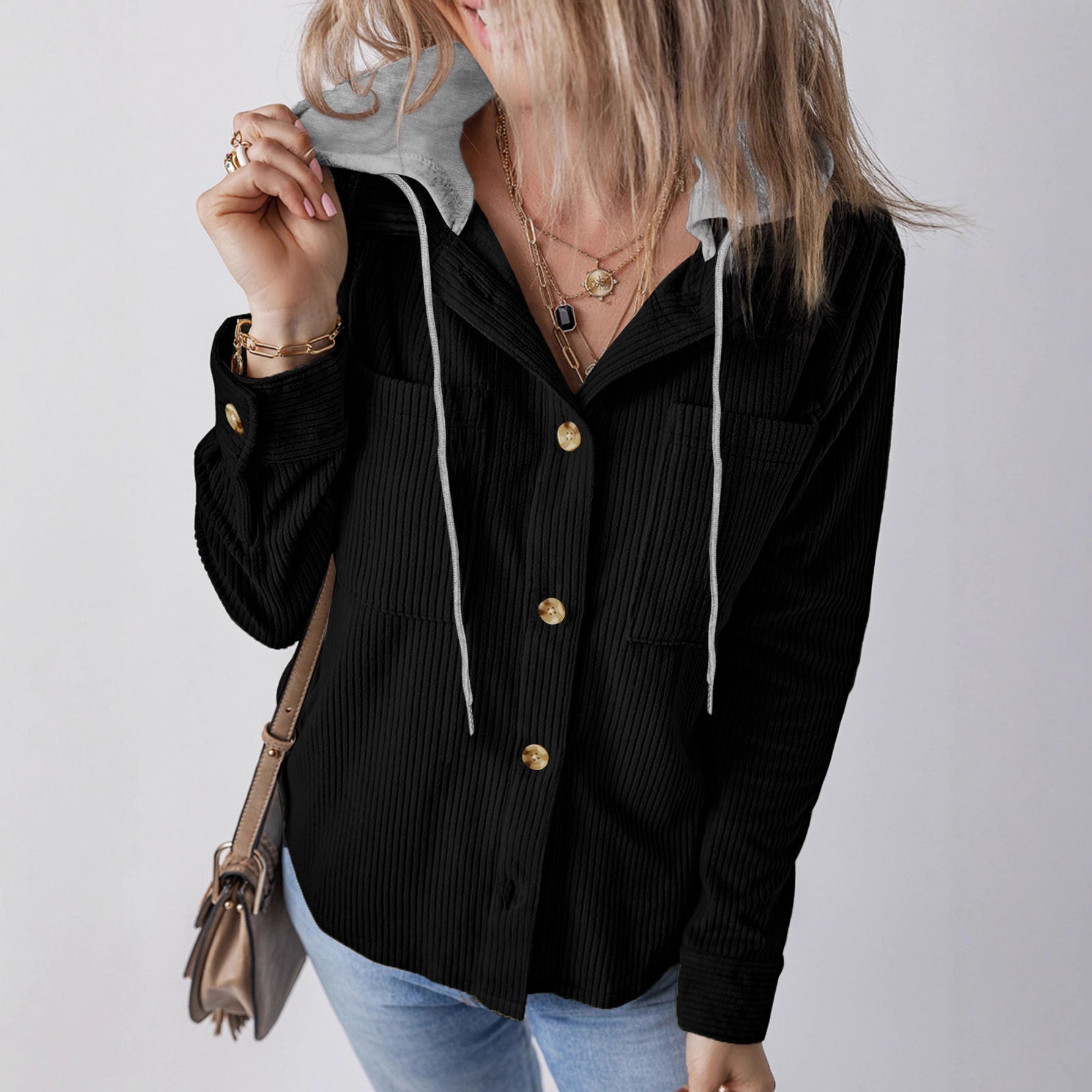 Damen Strukturierte Hemdjacke mit Kapuze und praktischen Taschen R&B
