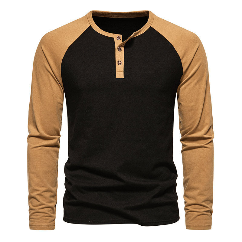 Herren Langarm-Henley-Shirt mit kontrastierenden Ärmel und modischem Knopfdesign R&B
