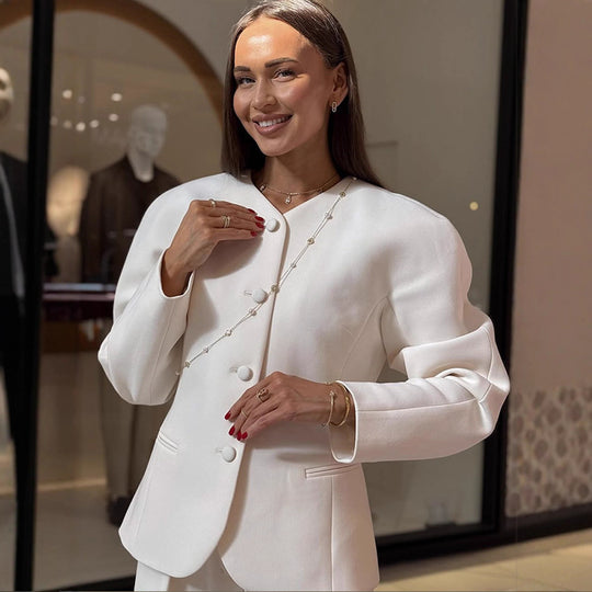 Damen Elegante Blazerjacke mit modischen Puffärmeln und dekorativem Knopfdesign R&B