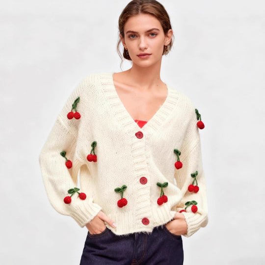 Damen Strickjacke mit fröhlichem Kirschdesign und praktischen Knopfdetails R&B