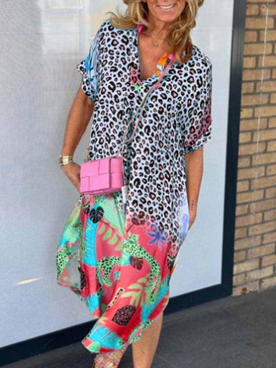 Damen nan weit geschnittenes V-Ausschnitt Midikleid mit Leoparden- und Tropenprint R&B