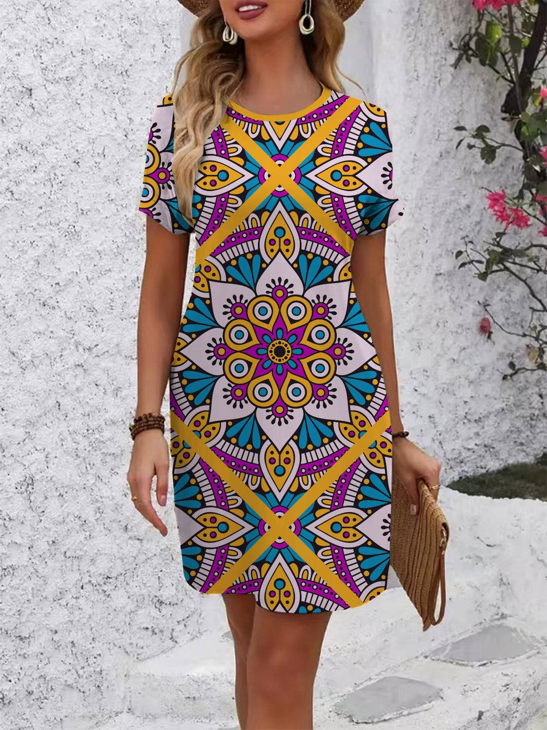 Damen farbenfrohes Mandala Kleid im lässigen Schnitt R&B
