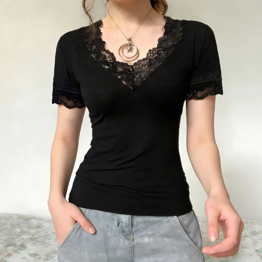 Damen T-Shirt mit elegantem Spitzenbesatz R&B