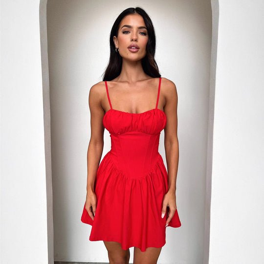 Damen Minikleid mit gerafftem Oberteil und schwingendem Rock R&B
