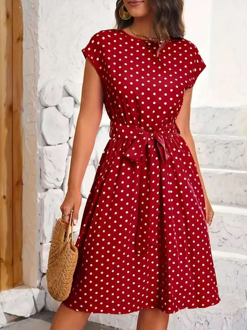 Damen Midikleid mit taillierendem Bindegürtel und verspieltem Polka-Dots Design R&B