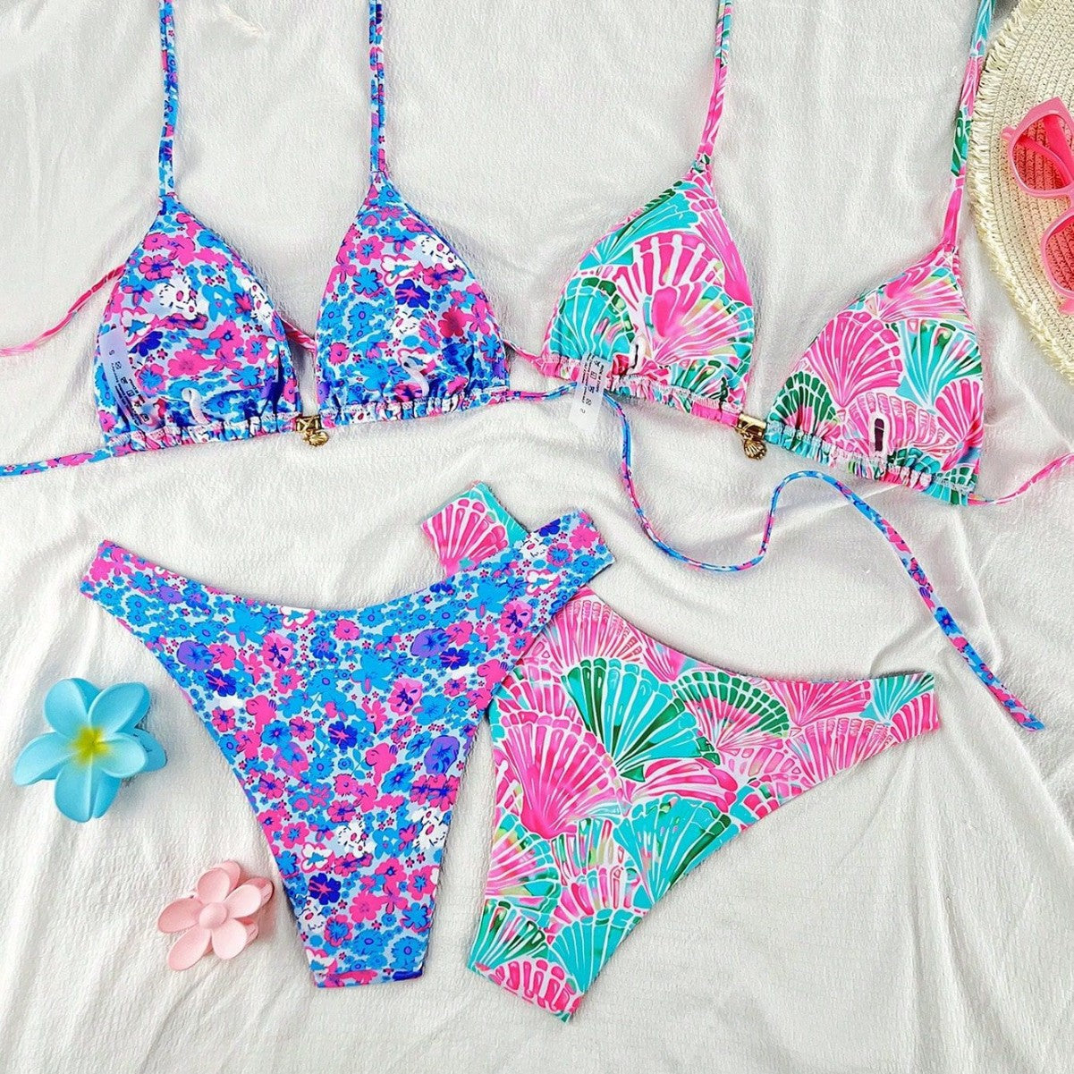 Damen Triangel-Bikini-Set mit verstellbaren Trägern und buntem Muster R&B