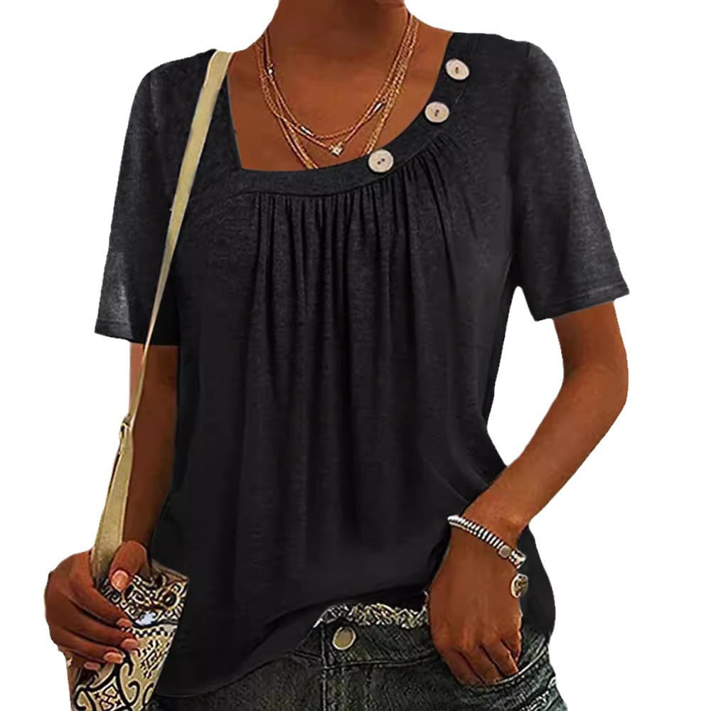 Damen nan locker sitzendes Kurzarmshirt mit quadratischem Ausschnitt, geraffter Brustpartie und Zierknopf-Detail R&B
