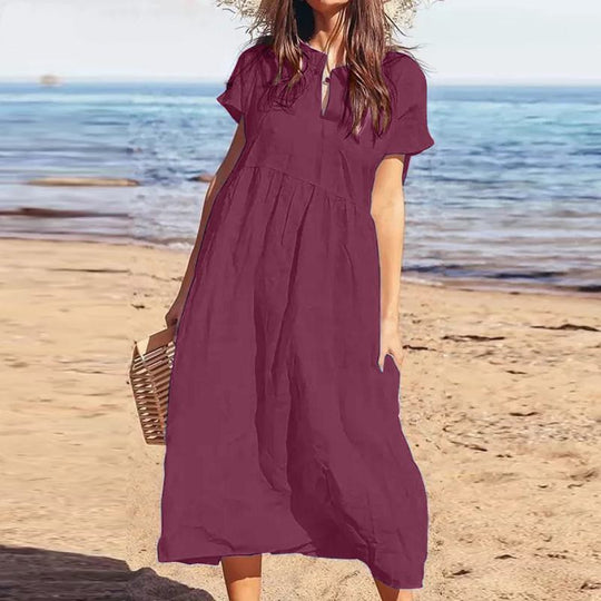 R&B | Einfarbiges kurzärmeliges Freizeitkleid mit V-Ausschnitt