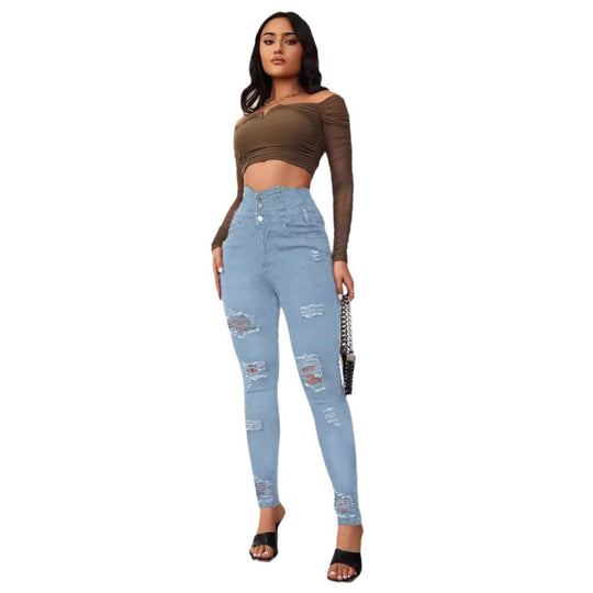 Damen High-Waist Jeans mit modischen Riss- und Knopfdetails R&B