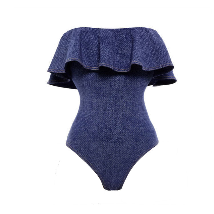 Damen Bandeau Badeanzug mit dekorativen Schleifen und gestreiftem Maxiröckchen R&B