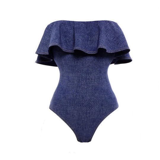 Damen Bandeau Badeanzug mit dekorativen Schleifen und gestreiftem Maxiröckchen R&B