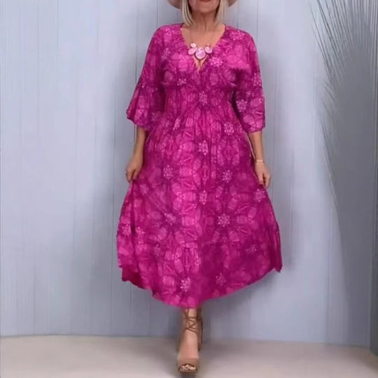 Damen nan fließendes Kaftan-Midikleid mit V-Ausschnitt, lockerer Silhouette, Stufenrock und dreiviertel-Ärmeln R&B