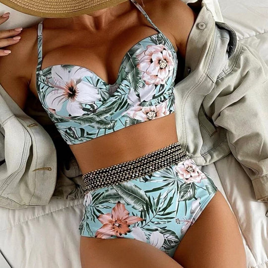 Damen Hochtaillierter Bikini mit floralem Oberteil R&B