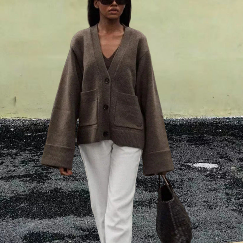 Damen Lässiger Strickjacke mit großen Taschen und offenem Schnitt R&B