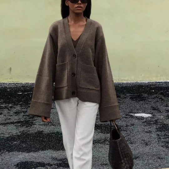Damen Lässiger Strickjacke mit großen Taschen und offenem Schnitt R&B
