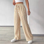 Damen weite Karohose mit elastischem Bund und Bindegurt R&B