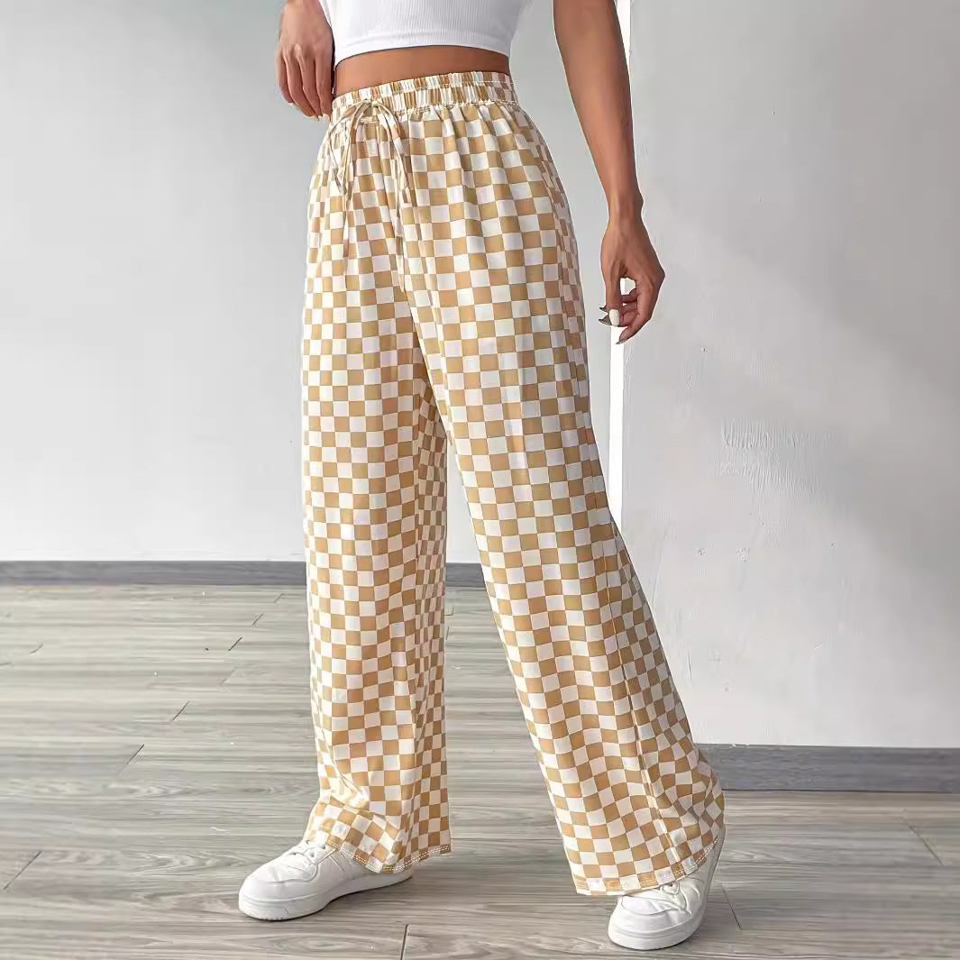 Damen weite Karohose mit elastischem Bund und Bindegurt R&B