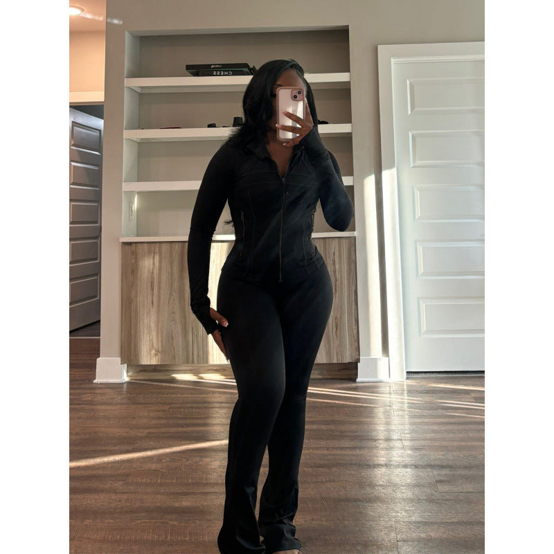 Damen figurbetonender Jumpsuit mit Hochkragen und durchgehendem Reißverschluss R&B