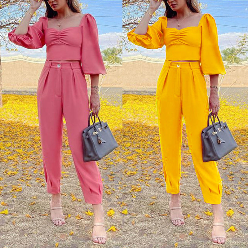 Damen Crop-Top und High-Waist Hose Set mit Puffärmeln R&B
