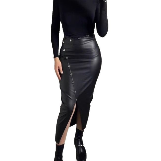 Damen Hochtaillierter Kunstleder-Rock mit Knopfdetails und Schlitz R&B