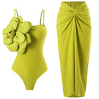 Damen Einteiler Badeanzug mit modischem Blumendesign und passendem Wickelrock R&B