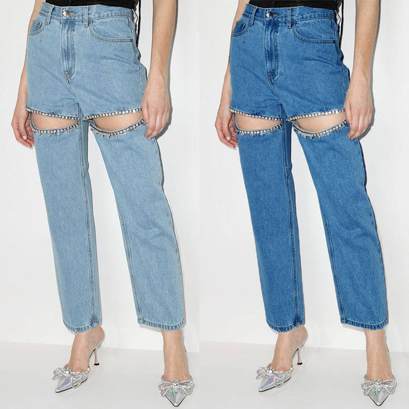 Damen Jeans mit dekorativen Cut-Outs und Strassverzierungen R&B