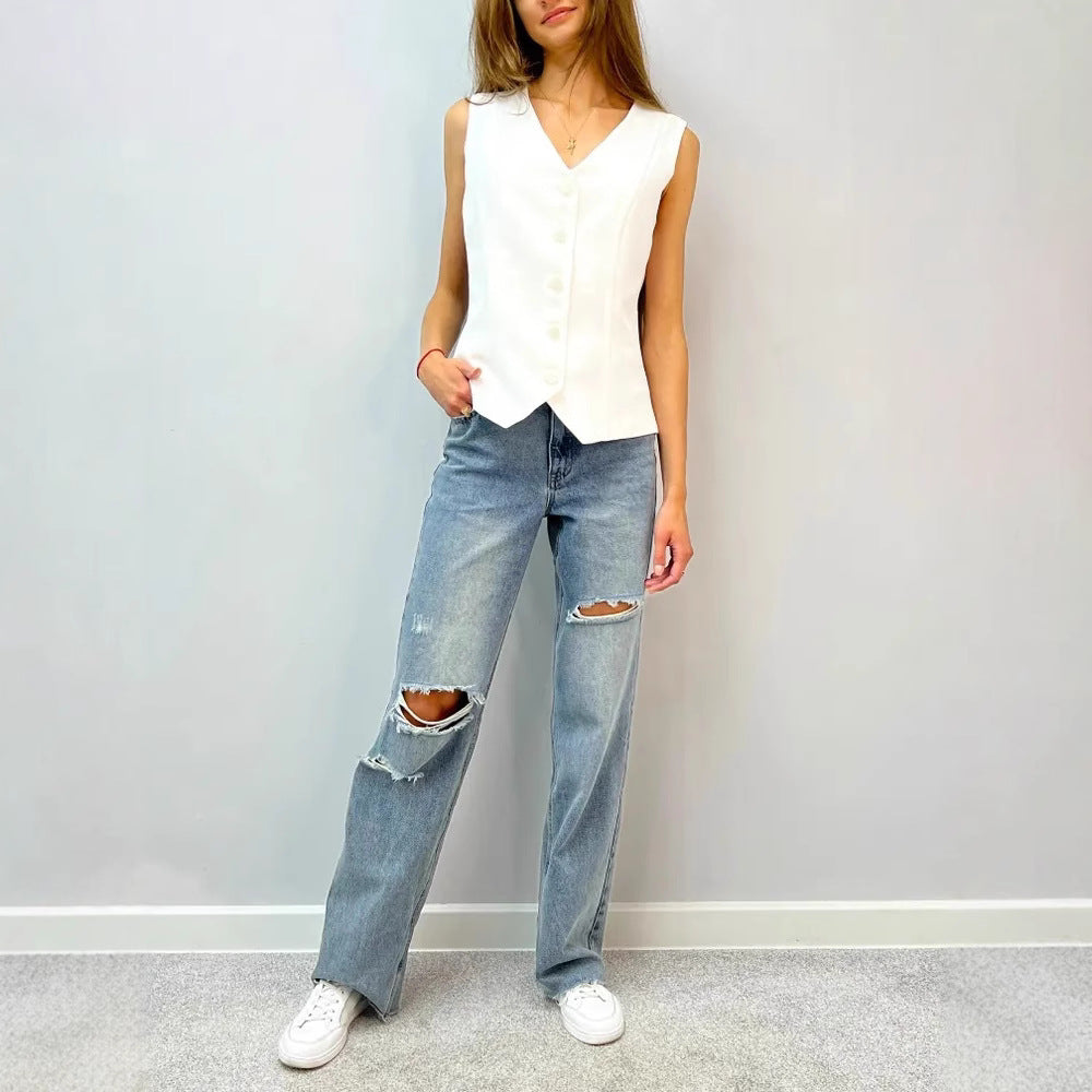 Damen ärmellose Bluse mit Knopfleiste R&B