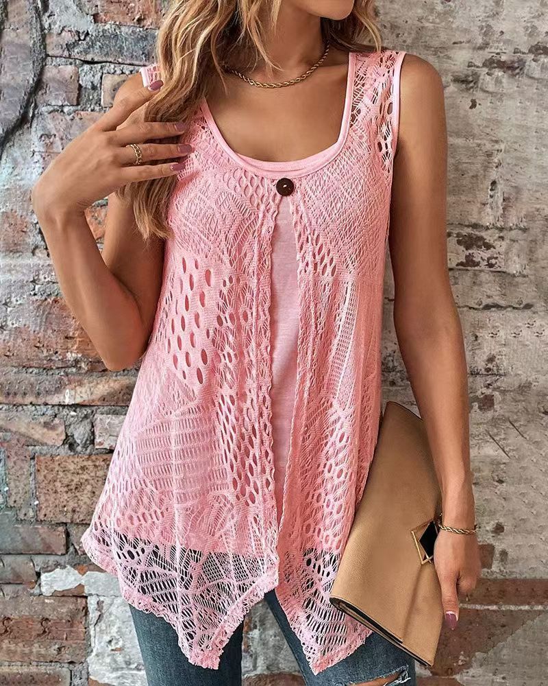 Damen nan zweilagiges Häkel-Overlay mit Jersey-Innentop, Ein-Knopf-Verschluss und asymmetrischem Zipfelsaum R&B