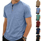 Herren nan strukturiertes Baumwoll-Henleyshirt mit kurzem Stehkragen Knopfleiste und Brusttasche R&B