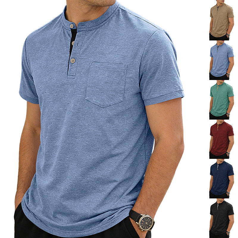 Herren nan strukturiertes Baumwoll-Henleyshirt mit kurzem Stehkragen Knopfleiste und Brusttasche R&B