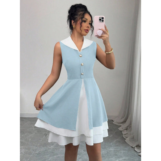Damen Sommerkleid mit modischem Kragen und Knopfdetails R&B