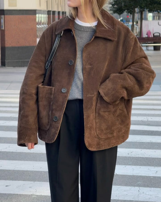Damen Oversized Teddyjacke mit Knopfverschluss und großen Taschen R&B