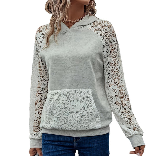 Damen Kapuzenpullover mit eleganten Spitzenärmel und praktischer Kängurutasche R&B
