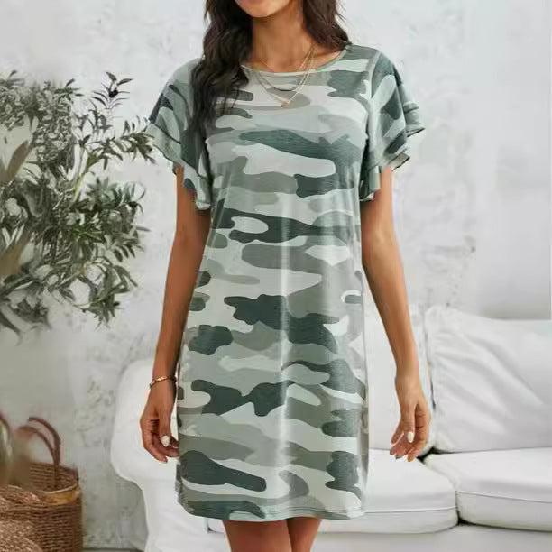 Damen Freizeitkleid mit Rüschendetails und Camouflage-Design R&B