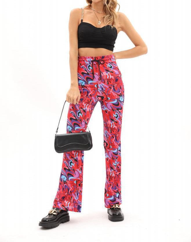 Damen weite Palazzo-Hose mit modischem Wellenmuster und elastischem Bund R&B