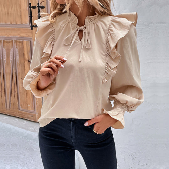 Damen Elegante Bluse mit Rüschendetails und bindbarem Hals R&B