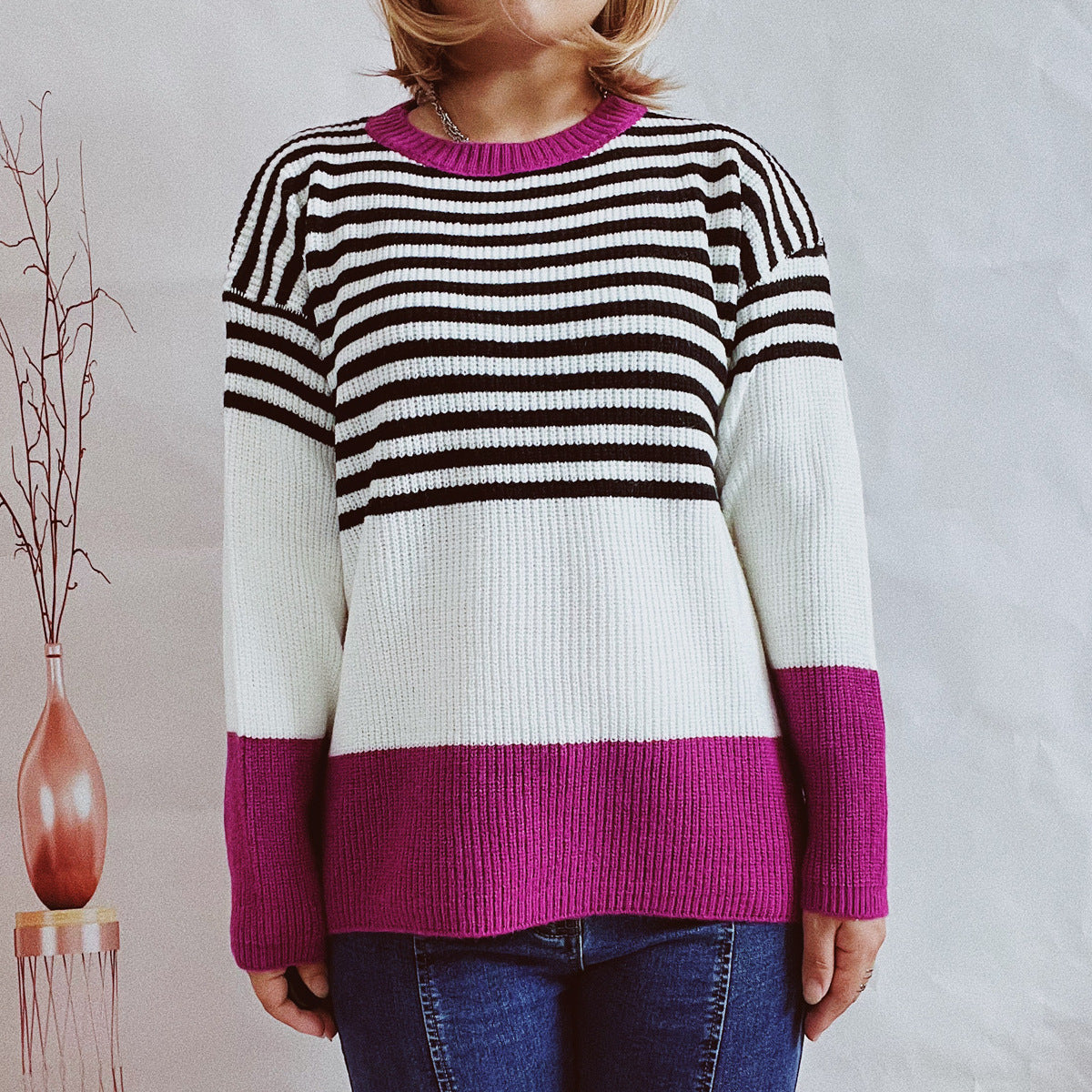 Damen trendy gestreifter Pullover mit modernen Akzenten und komfortablem Schnitt R&B