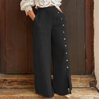 Damen Weite Leinenhose mit seitlichen Knöpfen und hoher Taille R&B