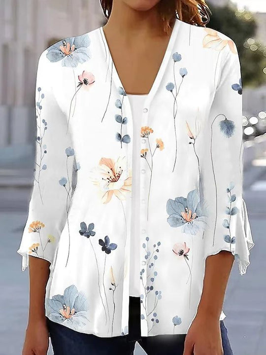 Damen nan leichte Chiffonbluse mit Aquarellblumenprint, V‑Ausschnitt, Knopfleiste und dreiviertelärmeln R&B