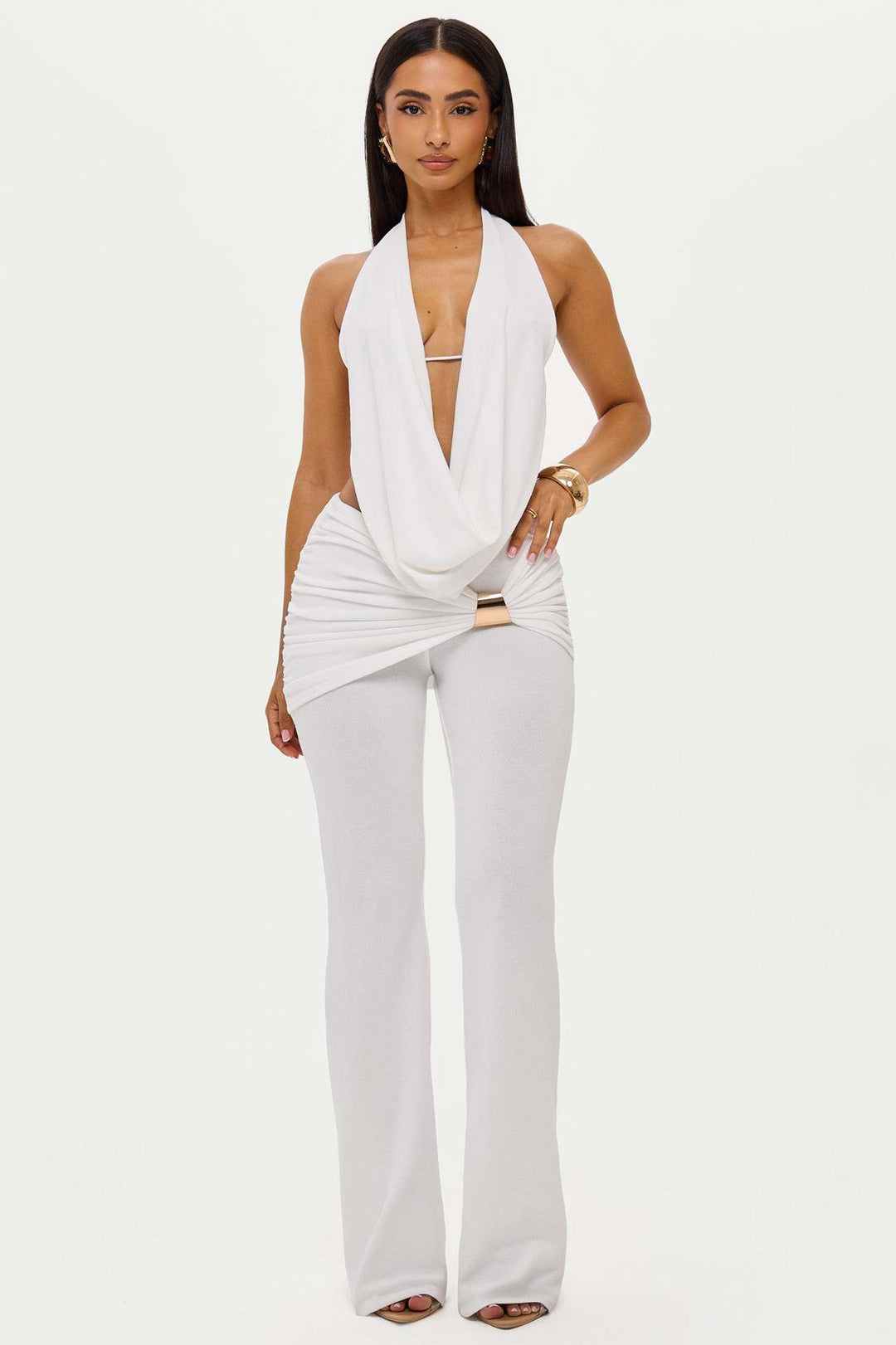 Damen elegantes, figurbetontes Jumpsuit mit tiefem Ausschnitt und weitem Bein R&B
