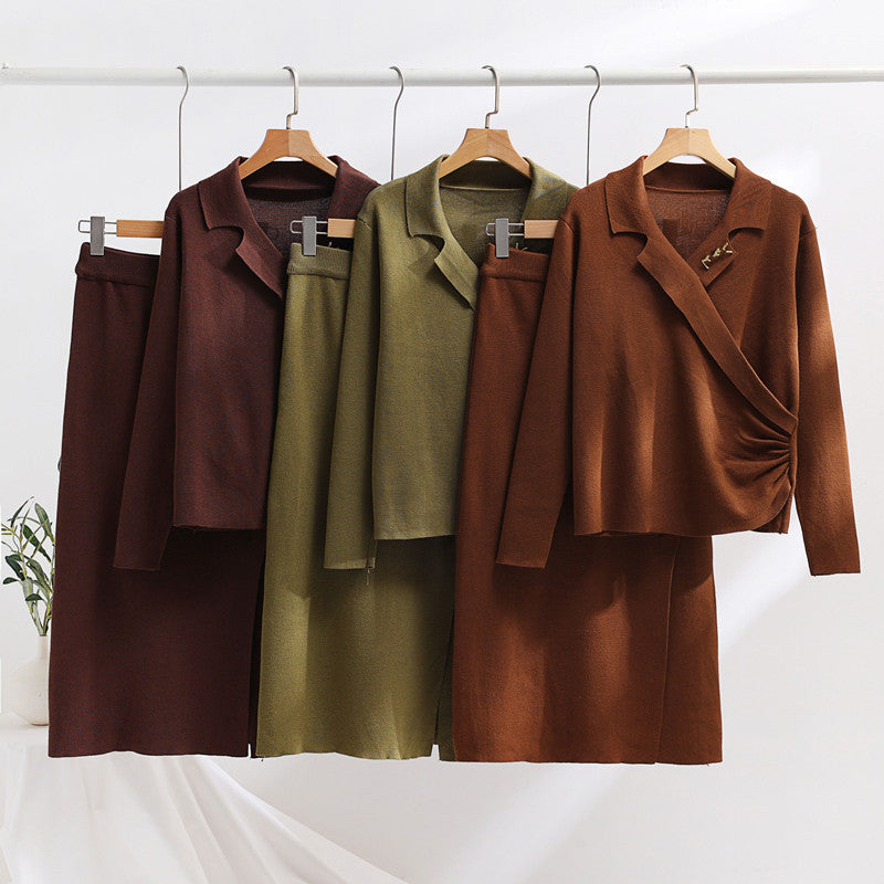 Damen elegantes Strickensemble mit Wickeloberteil und raffinierter hoher Taillierung R&B