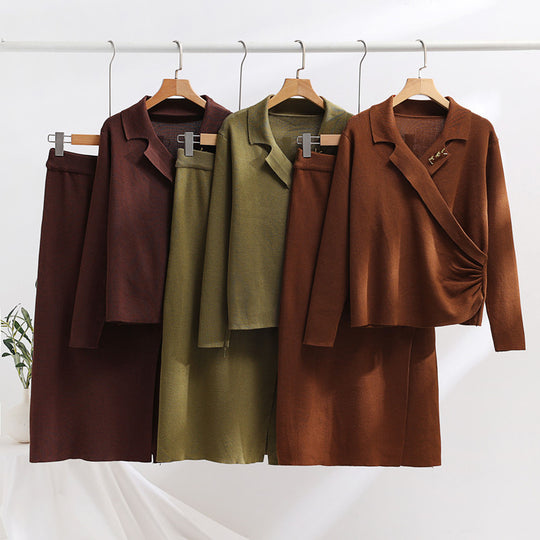 Damen elegantes Strickensemble mit Wickeloberteil und raffinierter hoher Taillierung R&B