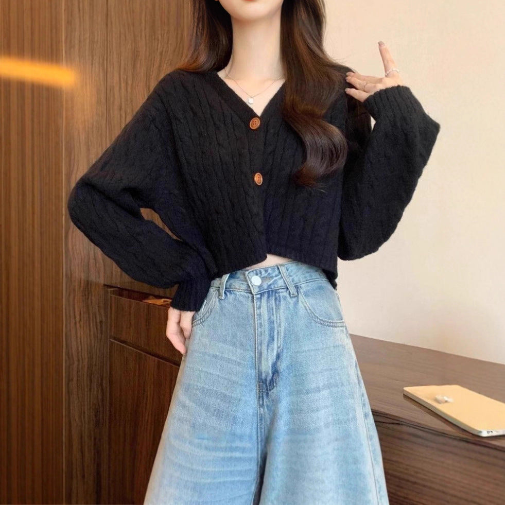 Damen kuscheliger Strickcardigan mit V-Ausschnitt und großen Knöpfen R&B