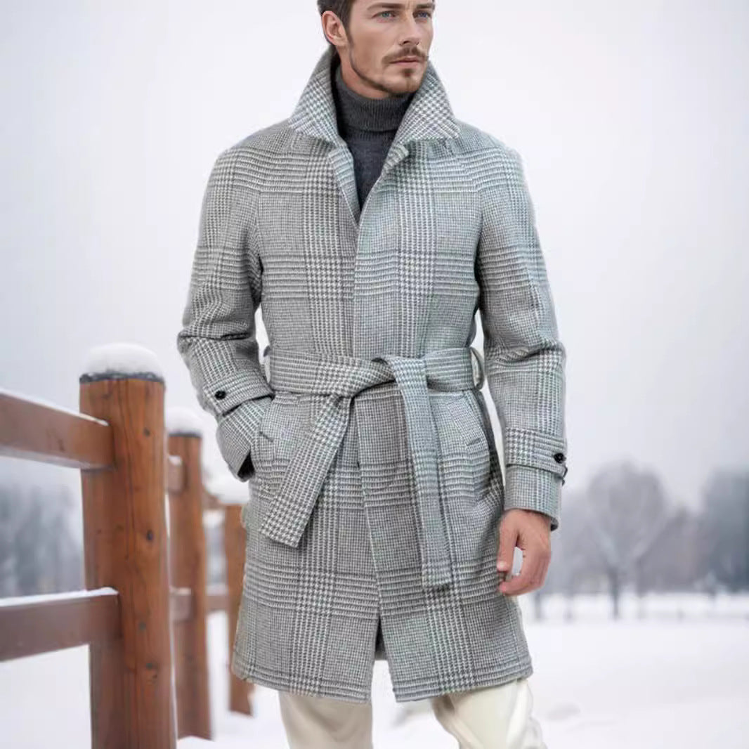 Herren eleganter Trenchcoat mit modernem Karomuster und Taillengürtel R&B