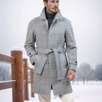 Herren eleganter Trenchcoat mit modernem Karomuster und Taillengürtel R&B