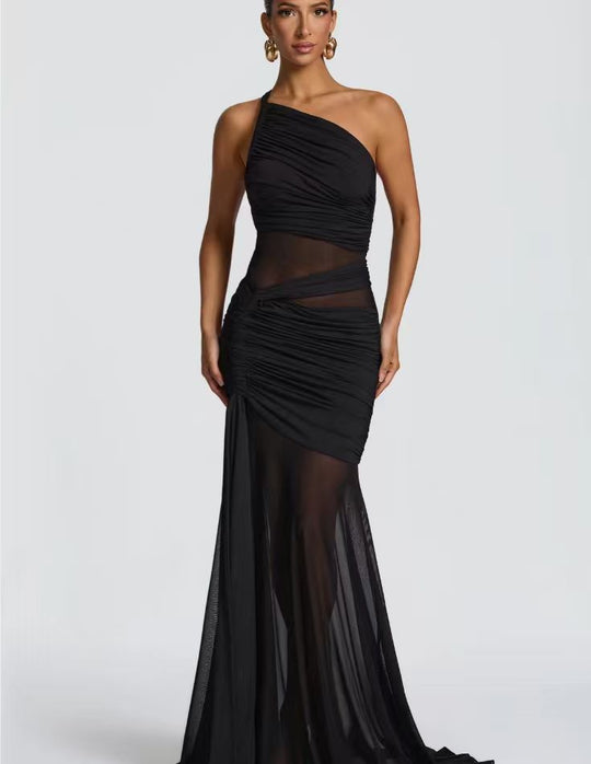 Damen Elegantes asymmetrisches Maxikleid mit Raffungen und transparenten Einsätzen R&B