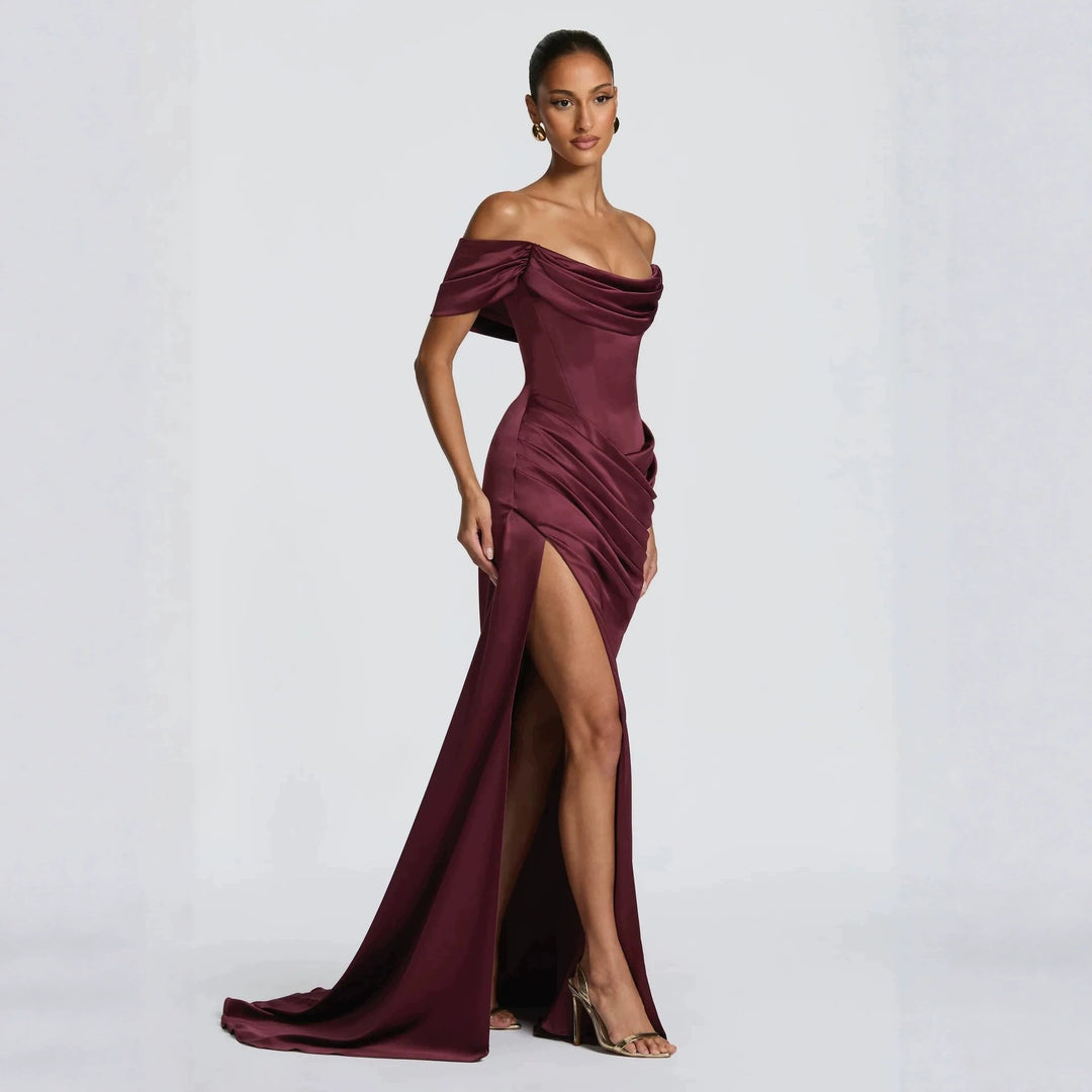 Damen Elegantes Off-Shoulder-Maxikleid mit seitlichem Schlitz R&B