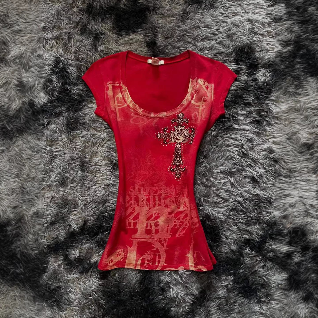 Damen modisches T-Shirt mit einzigartigem Cross-Design R&B