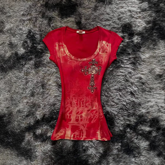 Damen modisches T-Shirt mit einzigartigem Cross-Design R&B