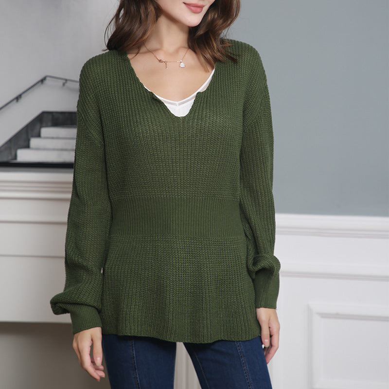 Damen Grobstrickpullover mit tiefem V-Ausschnitt und lässigem Schnitt R&B